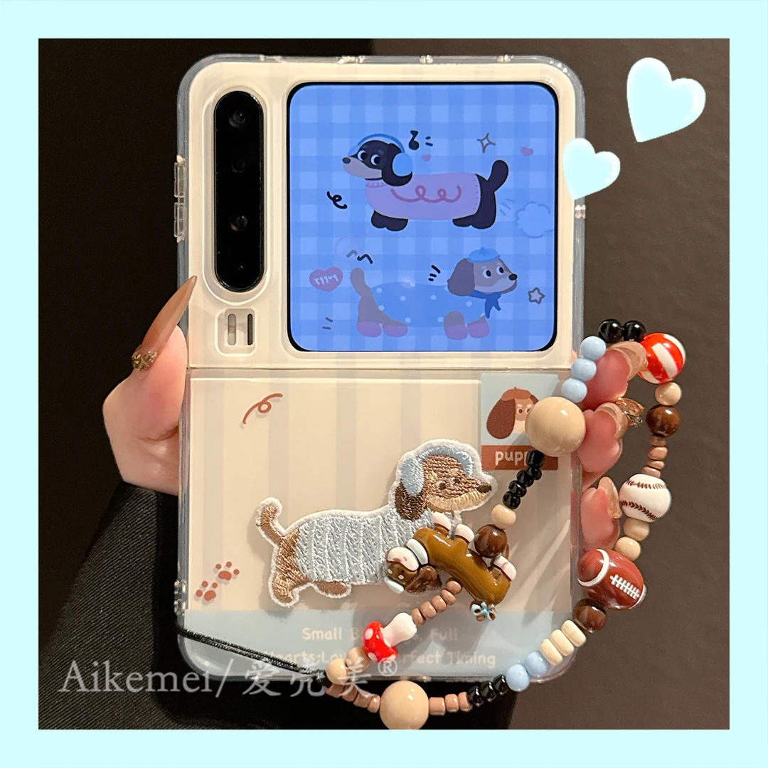 适用华为purax折叠屏手机壳蓝白条纹pocket2英文刺绣耳机狗狗链条