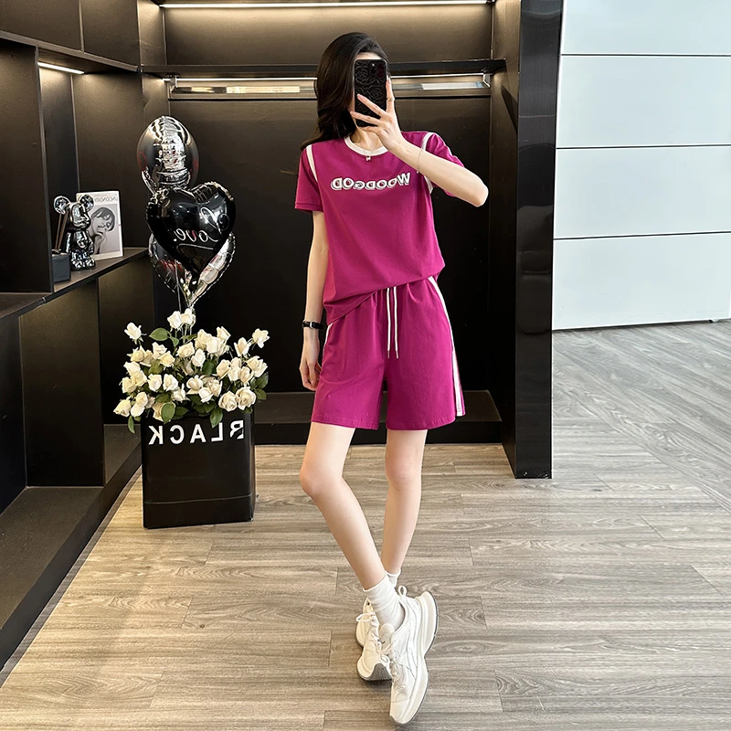 网红炸街休闲女装洋气百搭夏季减龄短袖上衣短裤运动服两件套潮