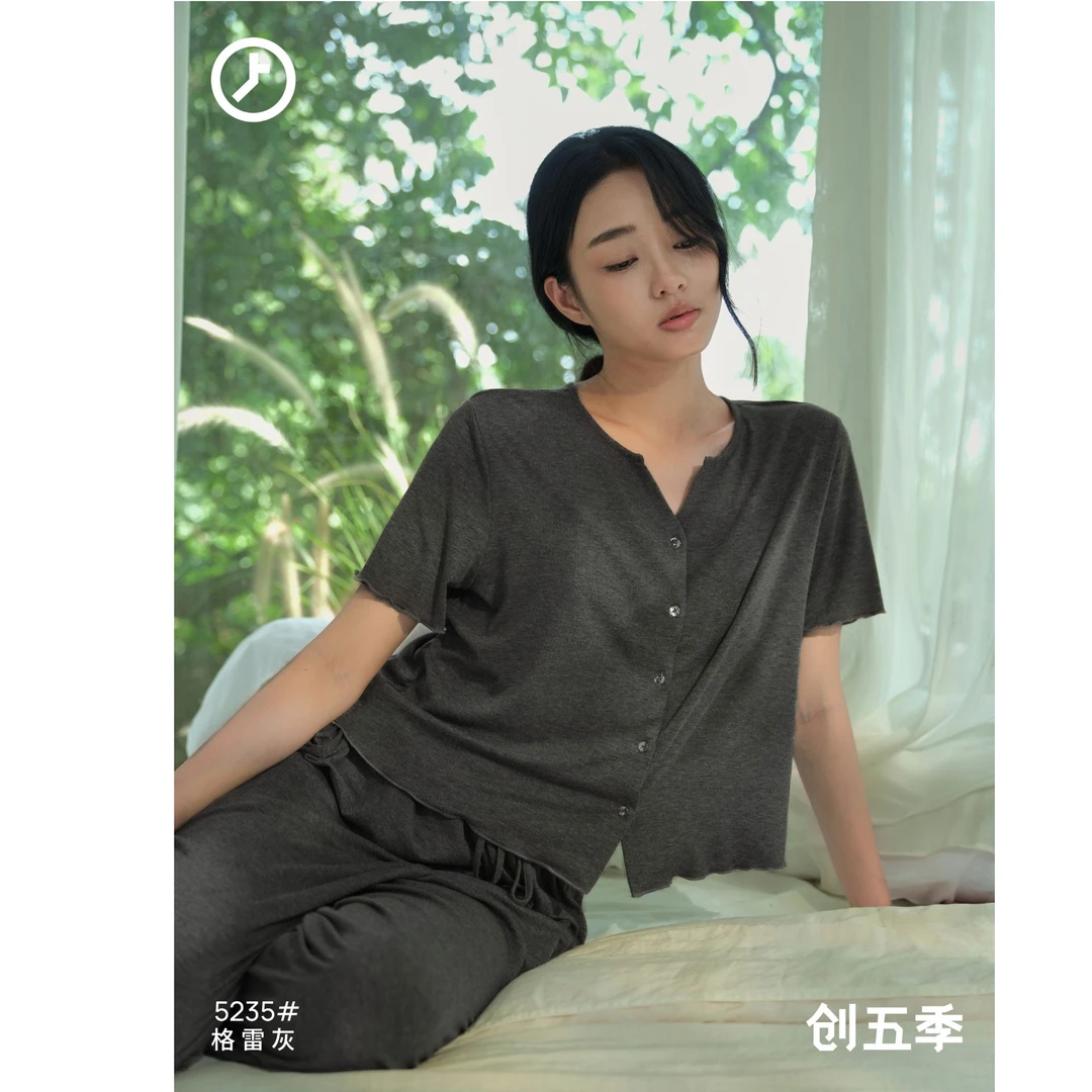 纯色青年半时尚袖睡衣家居服套装夏季阔腿简约休闲女士薄款百搭