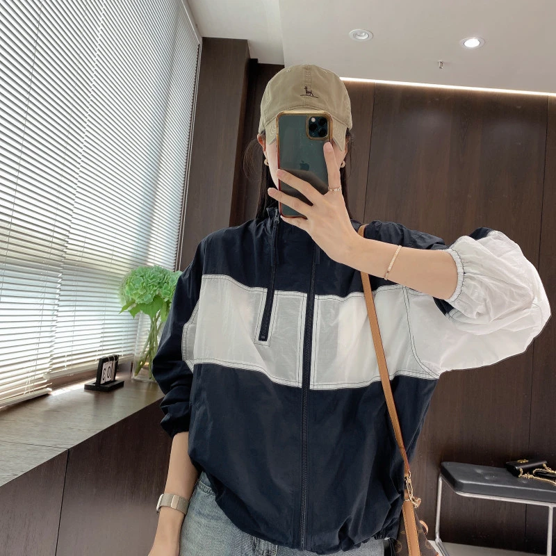 IMFLY金小金自制女装 外套DYW9085双色拼接立领拉链休闲外套