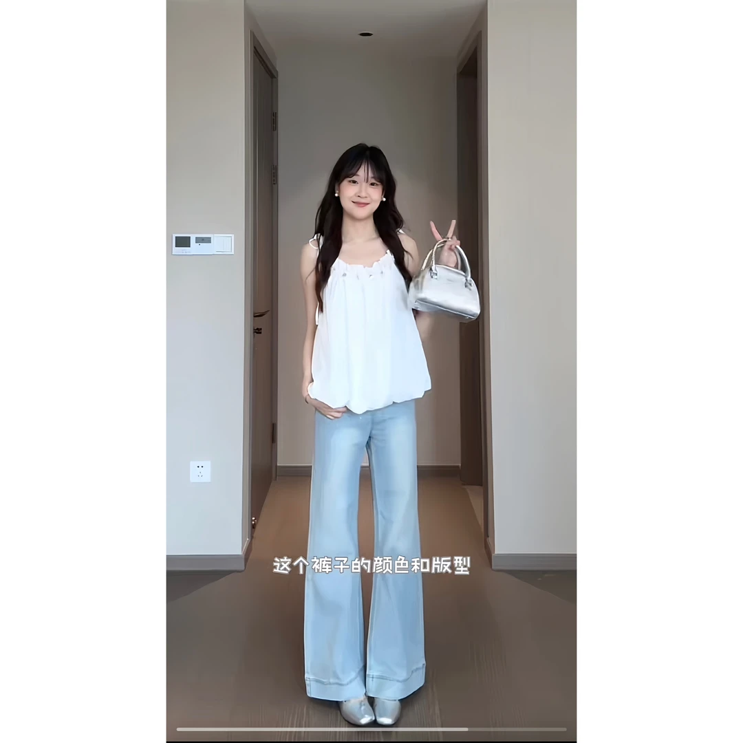 烫钻弹力宽松微喇不贴腿清新蓝色牛仔加绒喇叭裤显瘦小个子高个子