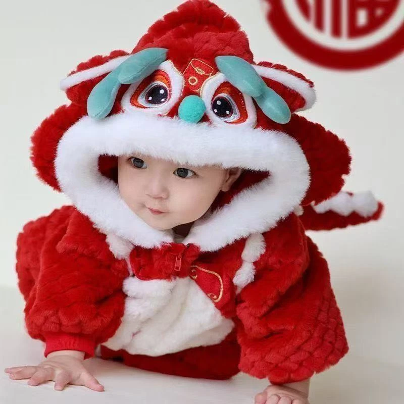 婴儿新年拜年冬季加绒男女宝宝衣服冬装喜庆过年加厚连体衣超萌