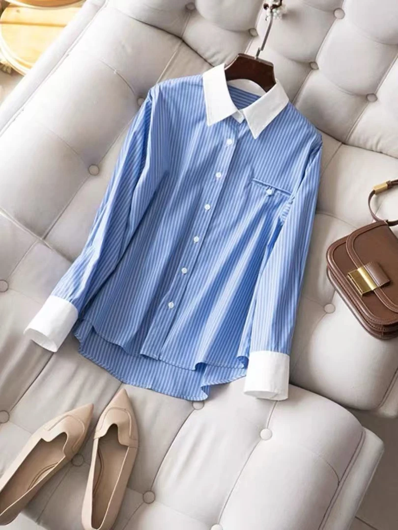 25早春喜宽条纹撞色高密色织百搭棉衬衫衬衣长袖春款蓝色时尚休闲