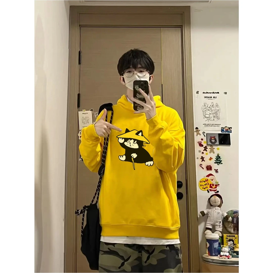 潮流秋冬季无口袋男女猫咪字母连帽卫衣美式印宽松休闲情侣上衣