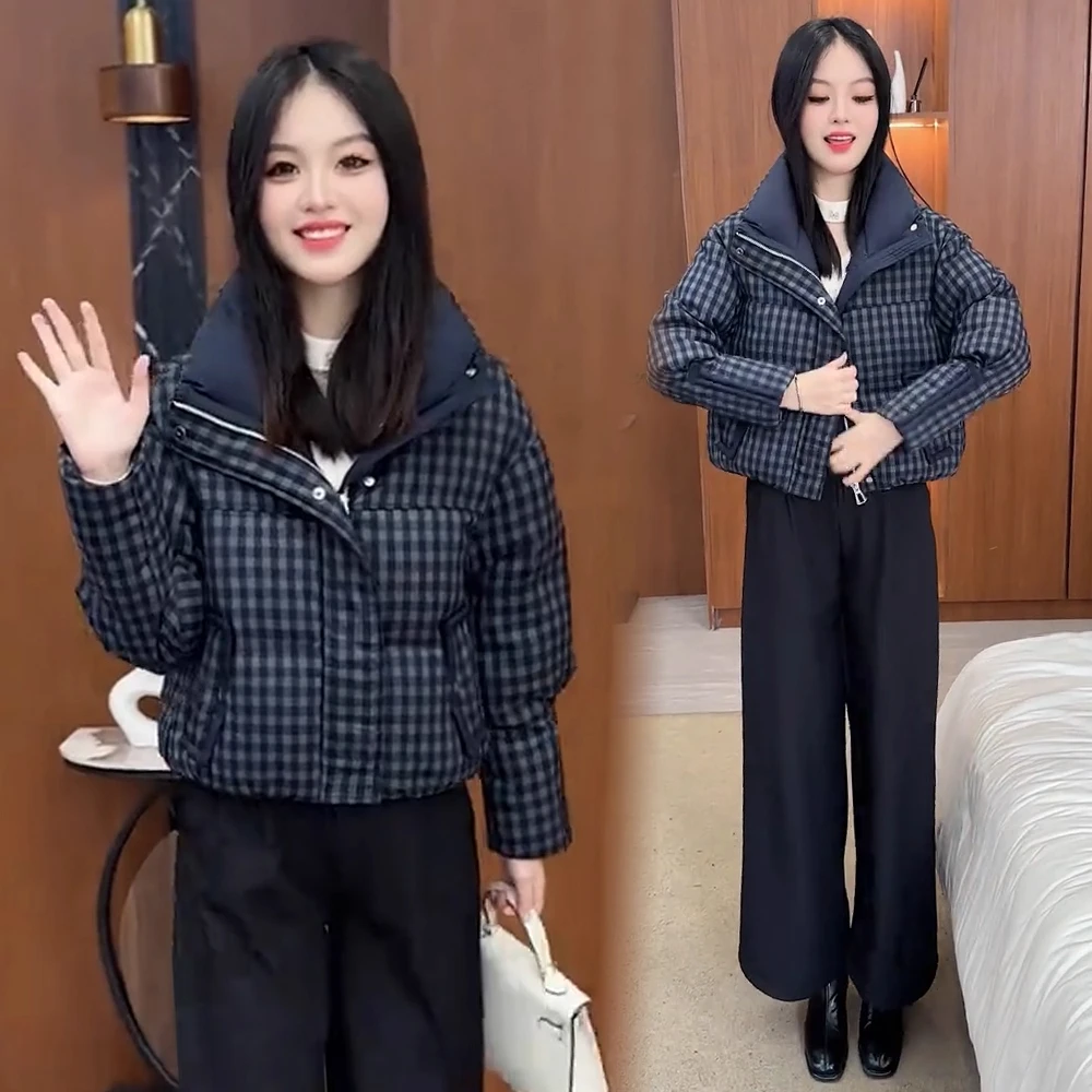 时尚格子拼接棉服外套女2025冬季新款洋气显瘦百搭立领保暖上衣潮