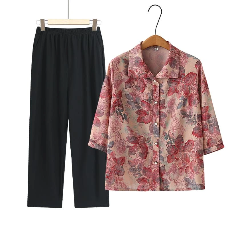 恒源祥彩羊奶奶薄款夏装中袖衬衫中老年人开衫七分袖夏季套装70岁