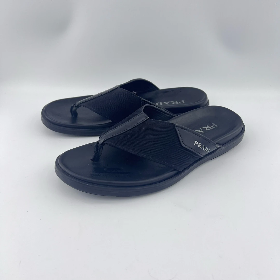 95新 Prada/普拉达 39码/黑色织物夹脚一字拖凉鞋/12669738