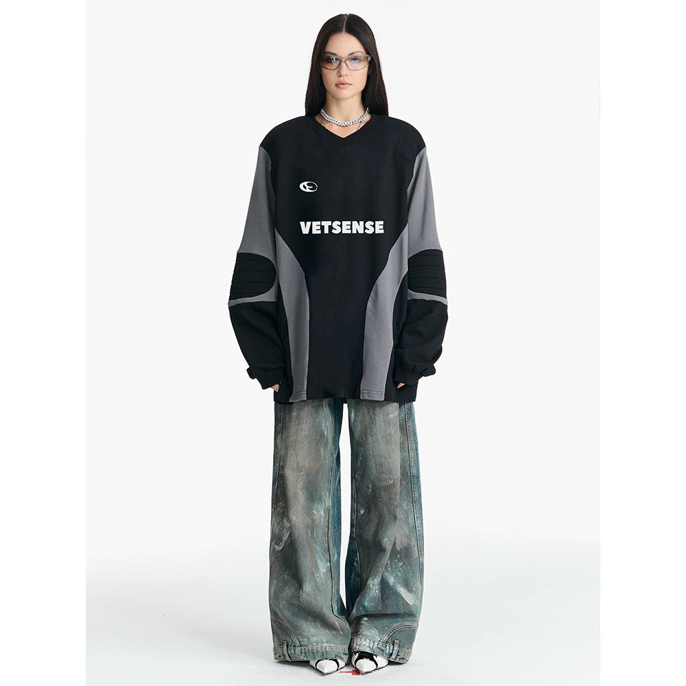 黑灰撞色卫衣V领T恤长袖2025ss春夏新款男女同款情侣装