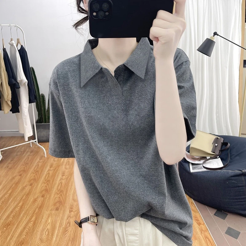 欧货棉质翻领短袖T恤女2025夏季宽松复古上衣正肩百搭polo衫体恤