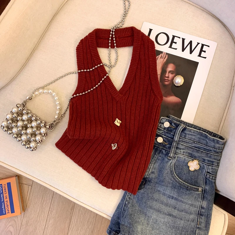港风复古红色挂脖吊带背心女士2025夏季辣妹性感气质针织无袖上衣