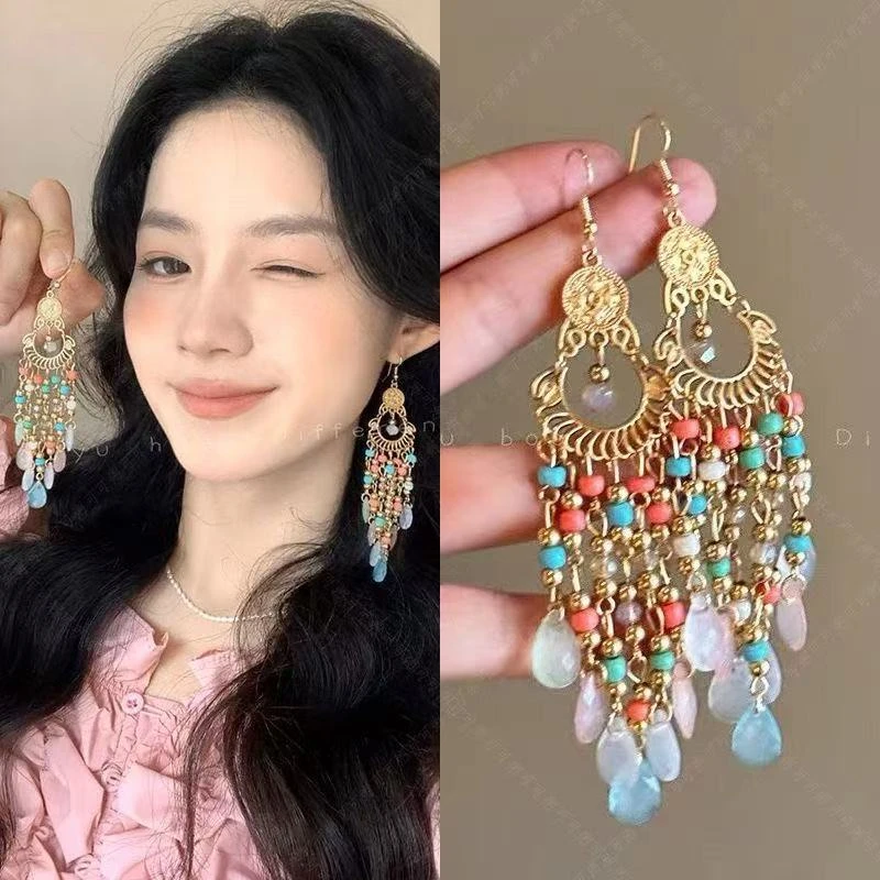 合金耳饰 波西米亚流苏串珠耳环彩色度假风夸张耳钩民族风夏天
