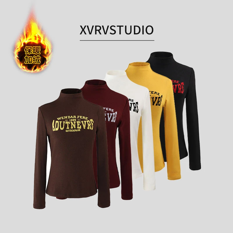XVRV“慕斯绒”植绒印花2025秋冬新款运动T恤半高领运动加绒打底衫