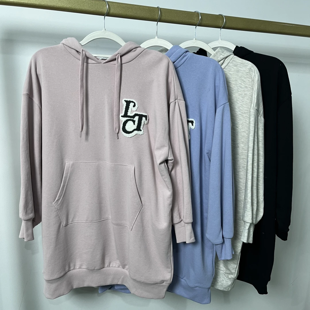 D1201 女士毛巾贴布绣字母休闲中长款连帽卫衣