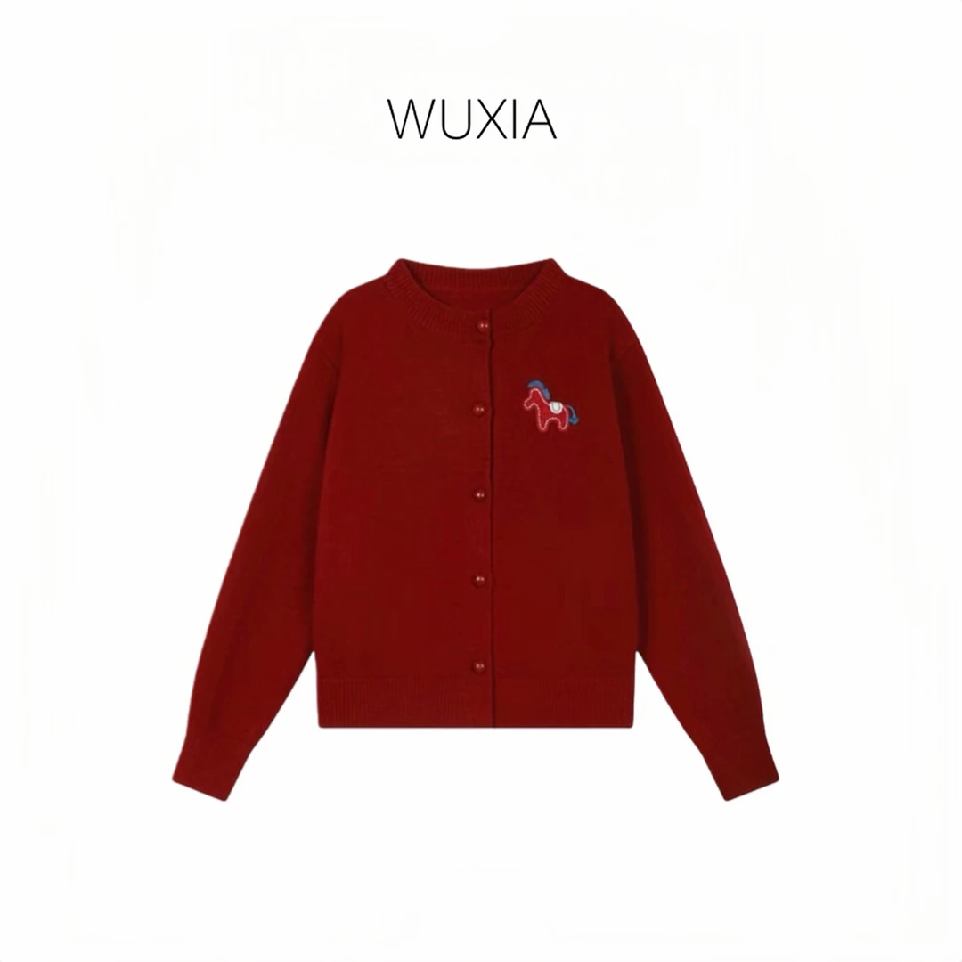 WUXIA无暇  【马年马到成功】韩系刺绣圆领浣熊针织开衫慵懒风毛衣