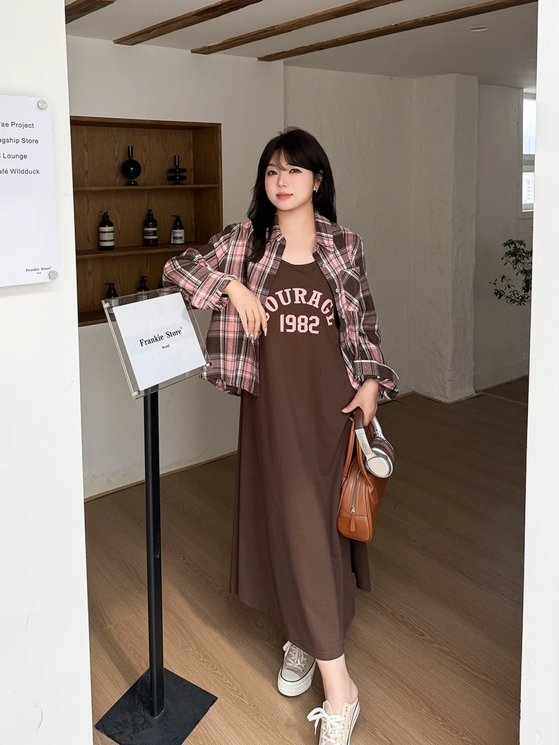 大码240斤孕妇装春季休闲百搭长款连衣裙格子衬衫外套显瘦套装