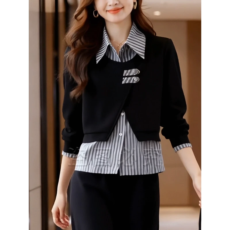 9819#气质翻领女装时尚套装假两件早秋休闲风拼接显瘦洋气长袖