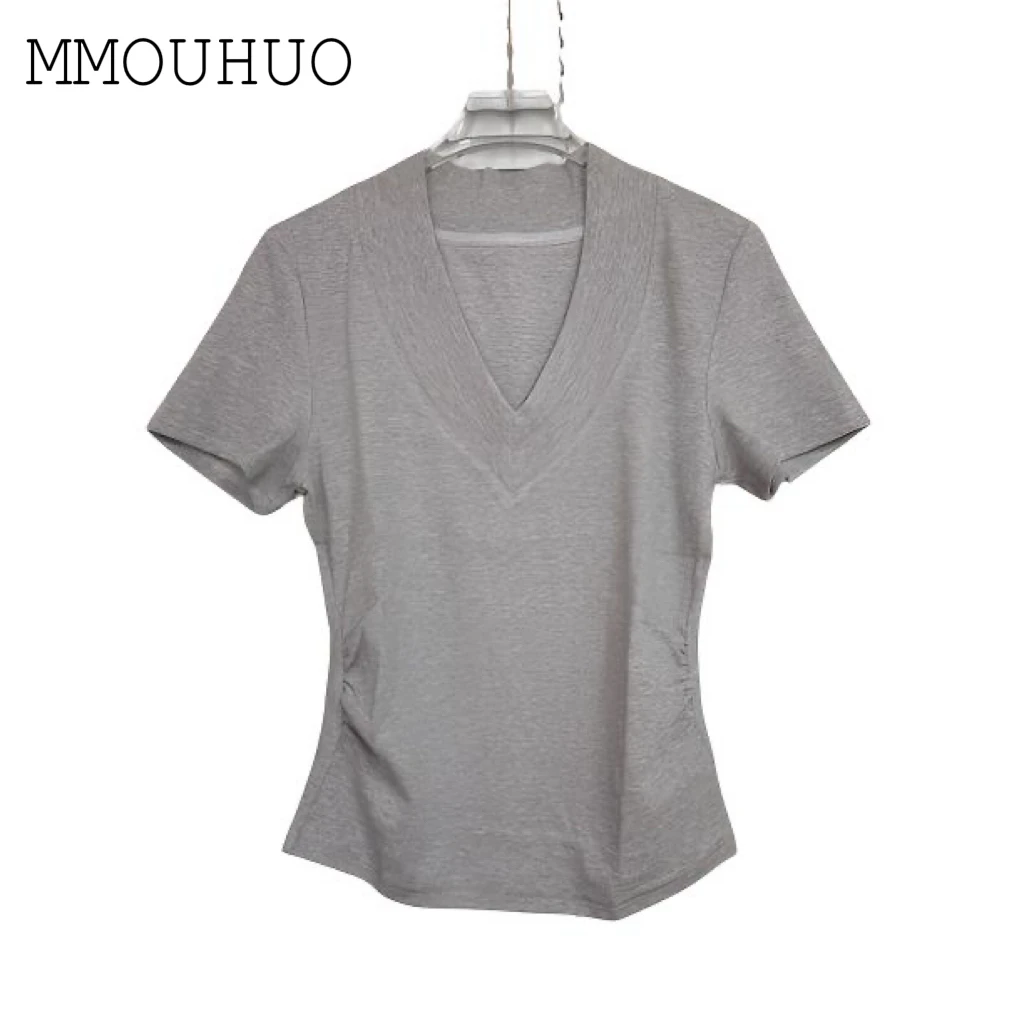 深圳MMOUHUO新款简约V领皱褶收腰T恤