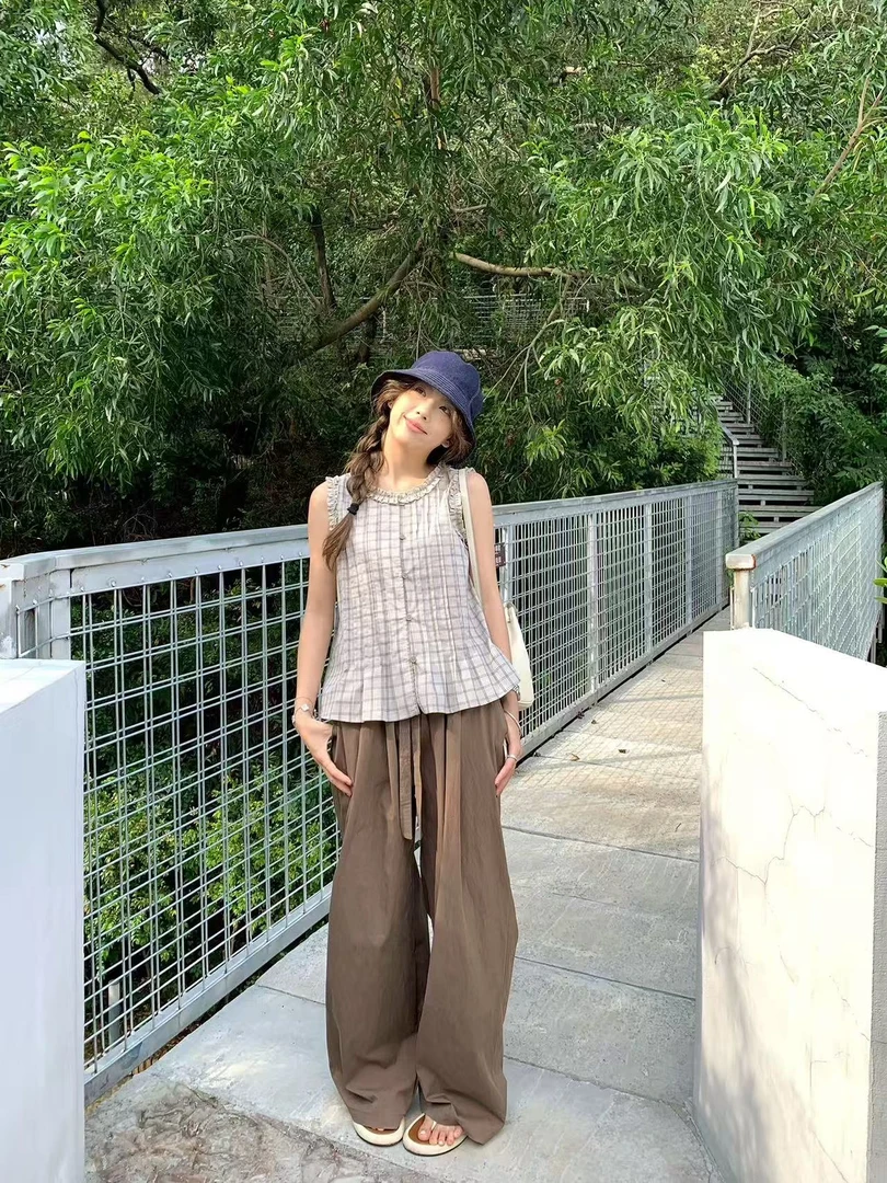 19035-1秋季新款简约通勤时尚ins风百搭小众抽绳设计感阔腿休闲裤