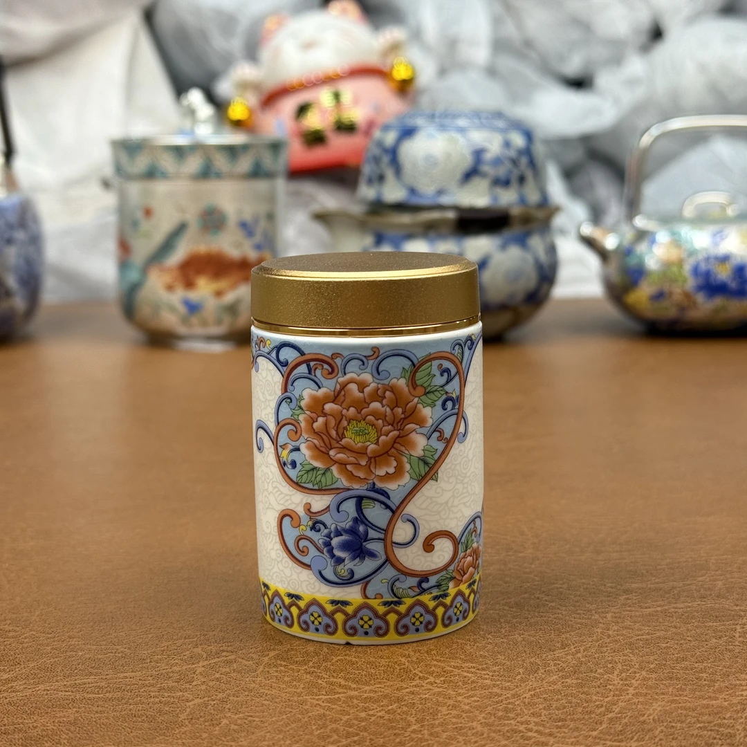 BY248陶瓷茶叶罐锡盖密封罐家用小号便携旅行直筒掐丝银储存罐迷D