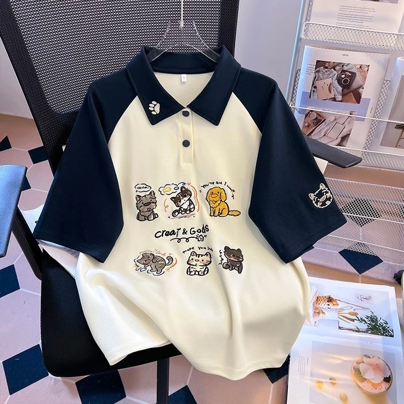 中大童卡通polo领短袖T恤女童2025新款夏季美式撞色插肩袖半袖