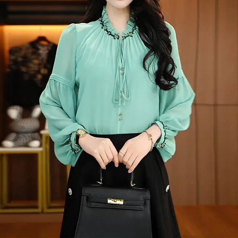 大码女装春季爆款时尚减龄系带套头衬衫高端洋气宽松显瘦长袖上衣