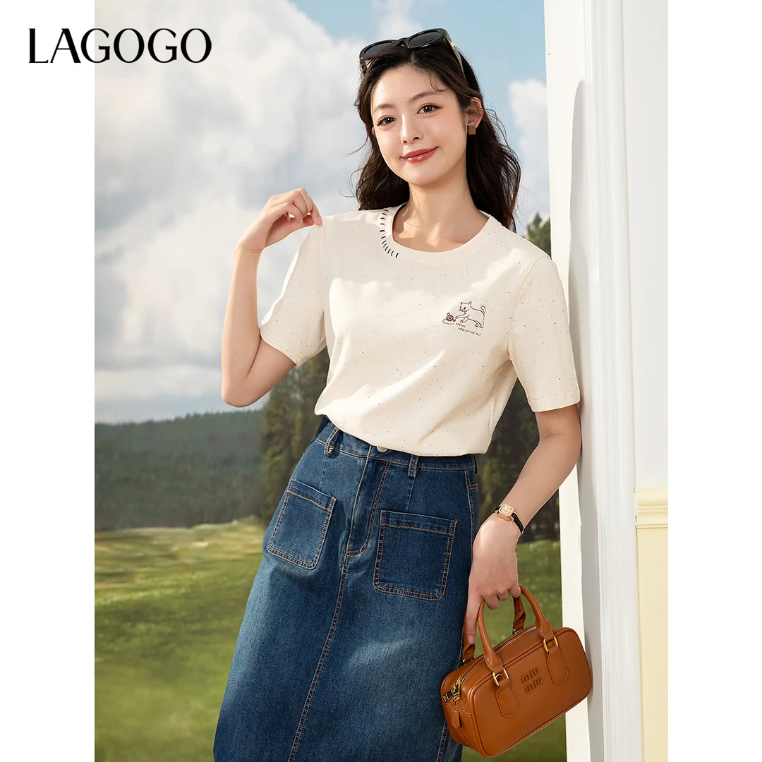 lagogo拉谷谷2025年新款卡通小猫百搭舒适圆领T恤女OATT313G84