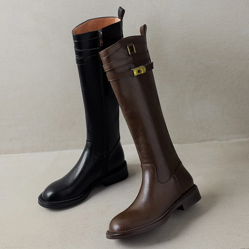 真皮时尚金属扣侧拉链长筒骑士靴子中跟粗跟美拉德小个子高筒靴女