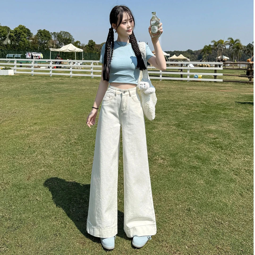 欧若风高腰小个子复古牛仔春游裤子牛仔裤阔腿裤女百搭垂感直筒裤