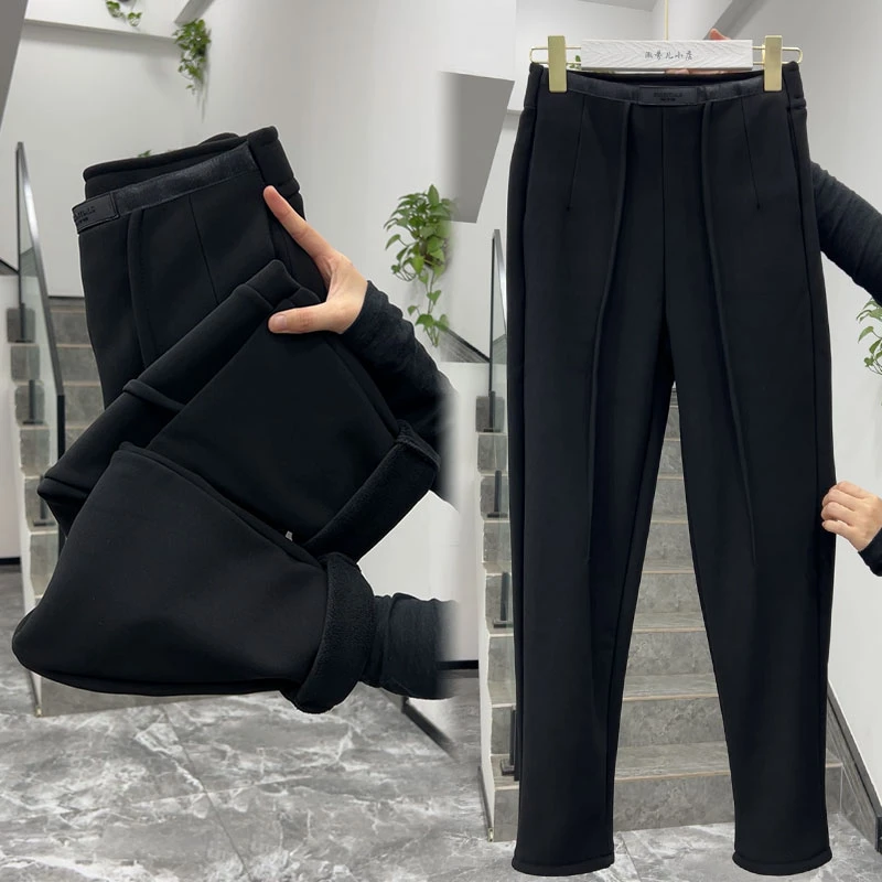 冬季百搭显瘦黑色九分弹力裤高腰加绒休闲裤女裤大码胖mm裤长95cm