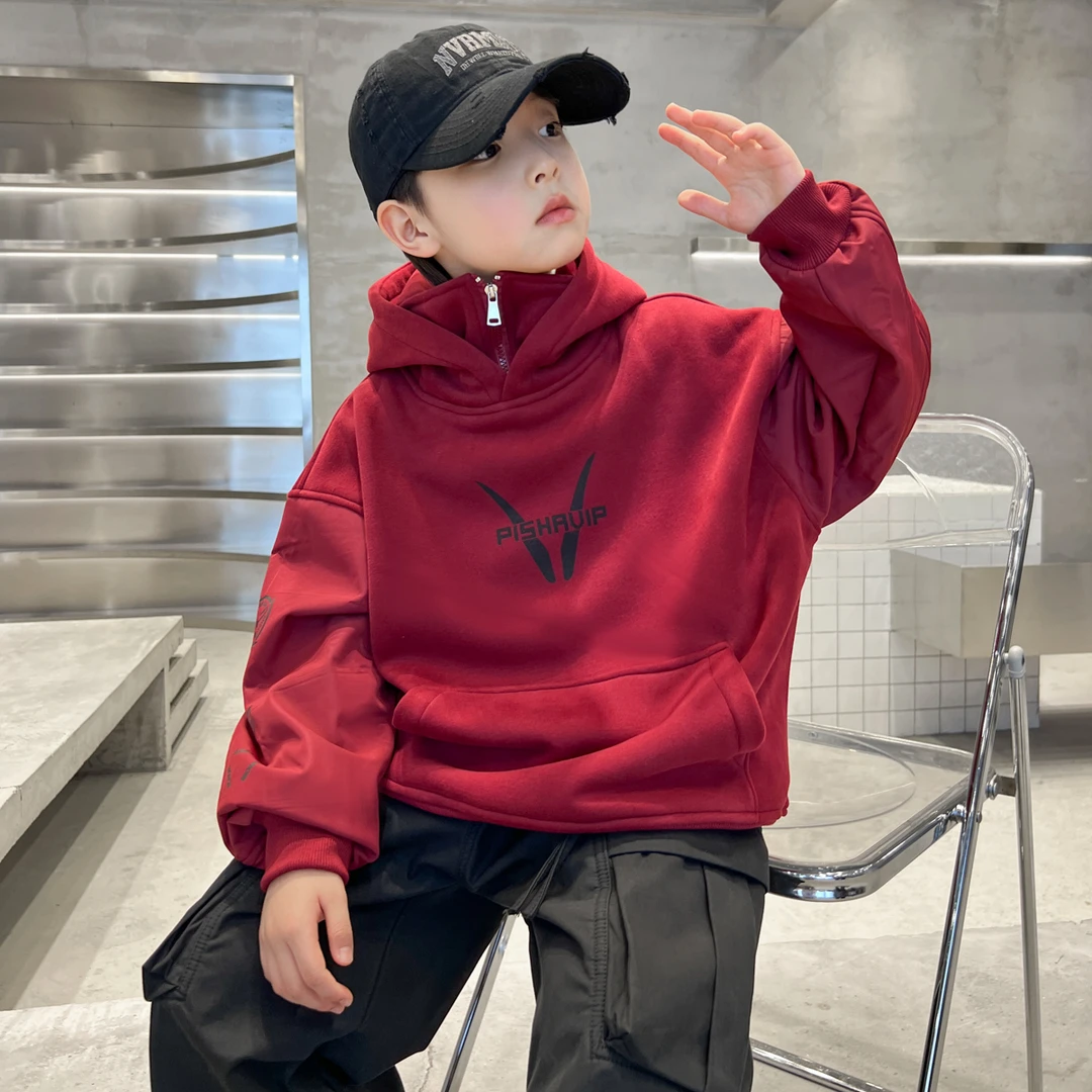 儿童装男童冬季加绒加厚卫衣2026新款本命年大童男孩红色马年衣服