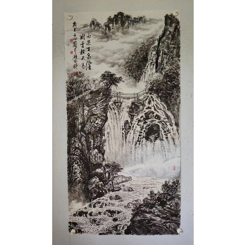 3641  多年前的手绘老字画《雨过百泉响》中堂  尺寸 137×68