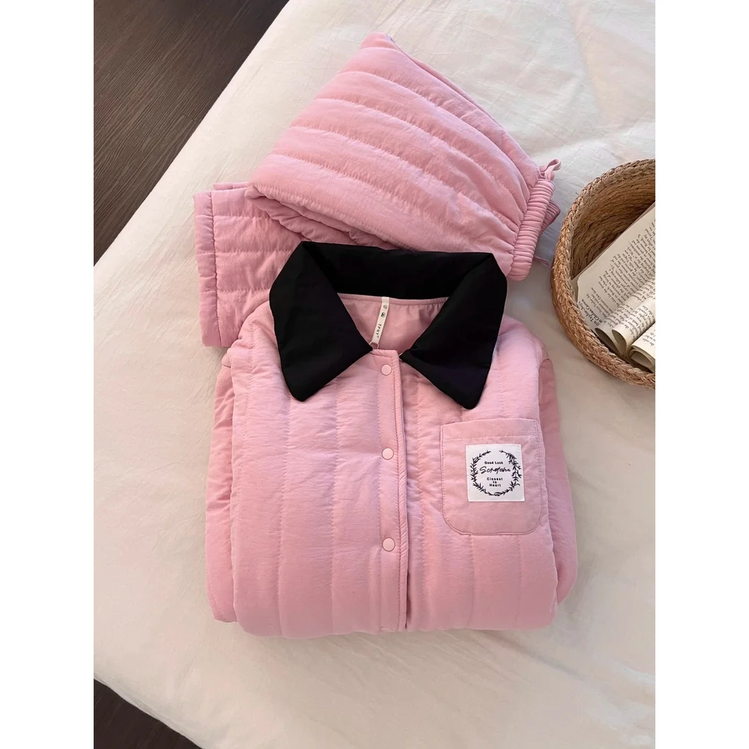 甜美少女简约纯色三层夹棉睡衣女秋冬新款加厚家居服套装可外穿