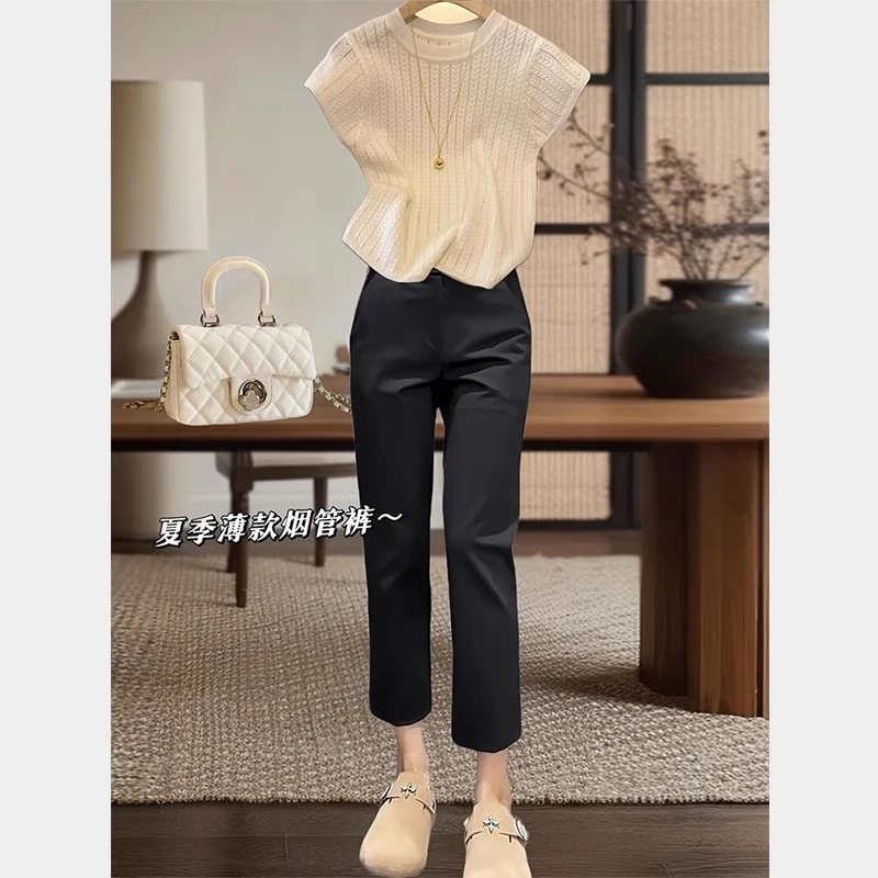 原地封神~后开叉西装裤夏季薄款高腰显瘦直筒裤小个子九分烟管裤