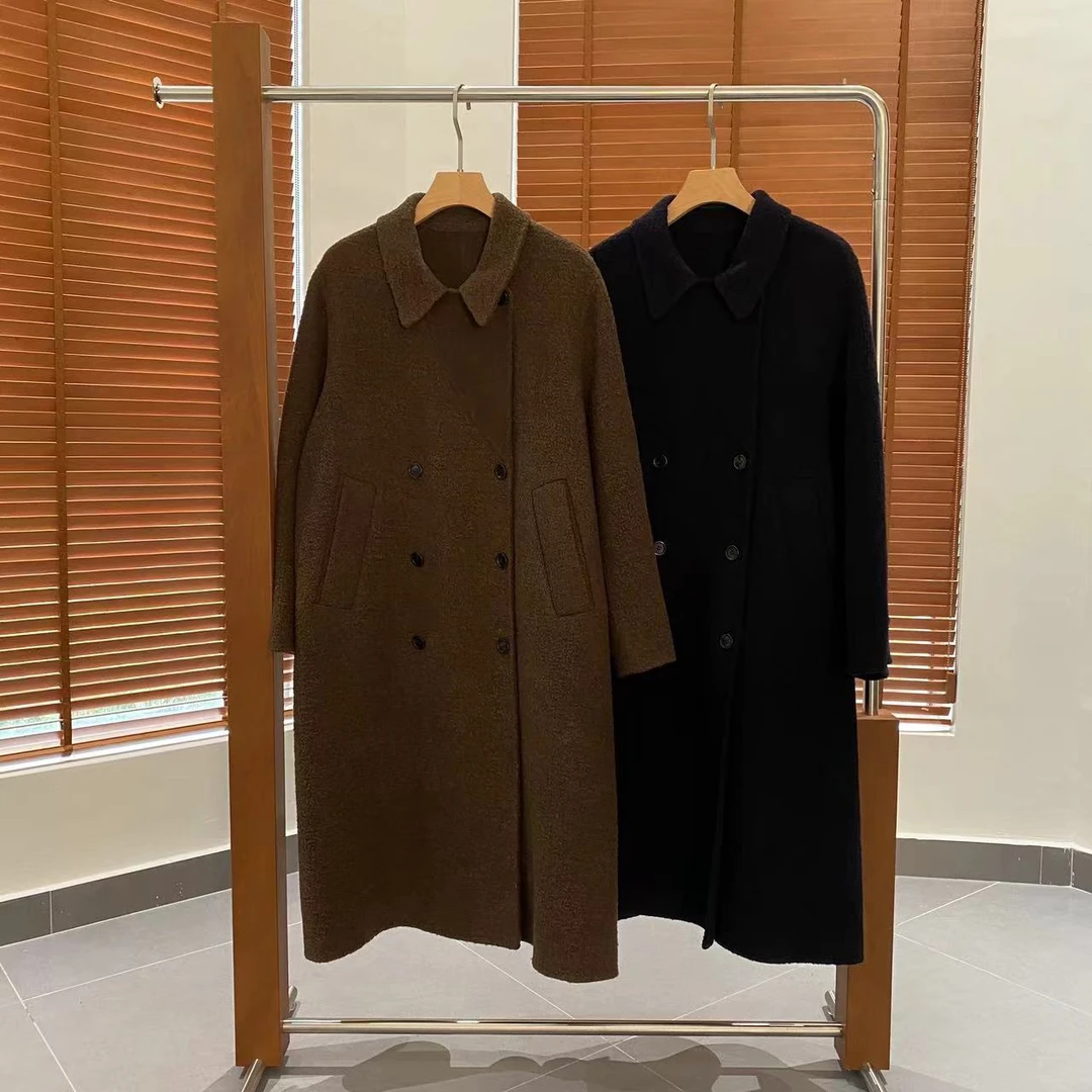 SS25224  阿尔巴卡羊毛圈圈经典双排扣双面手缝长款大衣