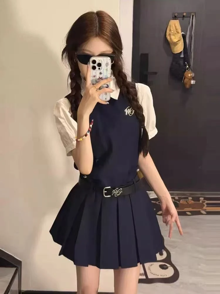 【miu系学姐】韩系学院风无袖背心连衣裙女夏季裙子收腰a字短裙套装