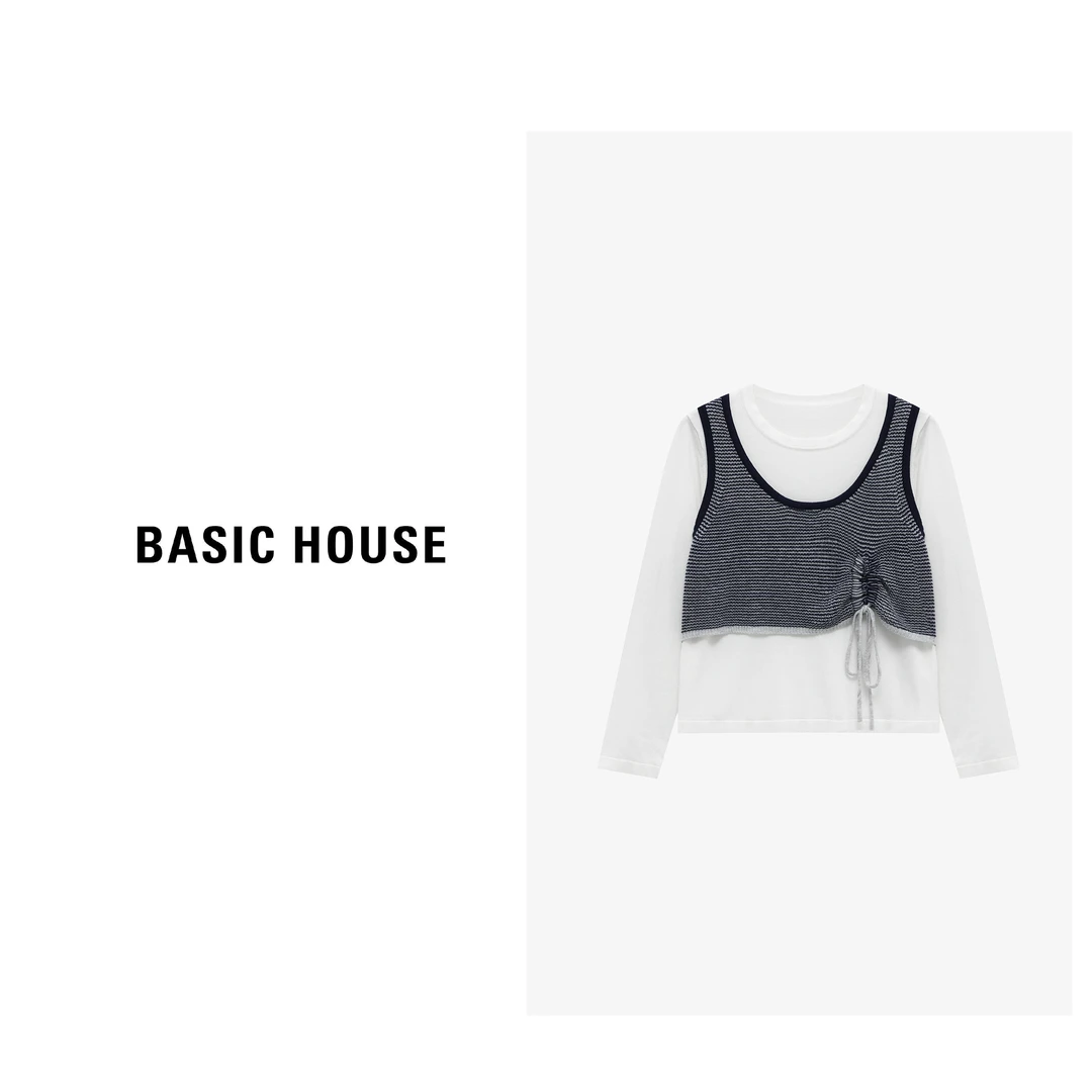 Basic House/百家好纯欲风撞色假两件长袖针织衫上衣-B0625B5IRA2