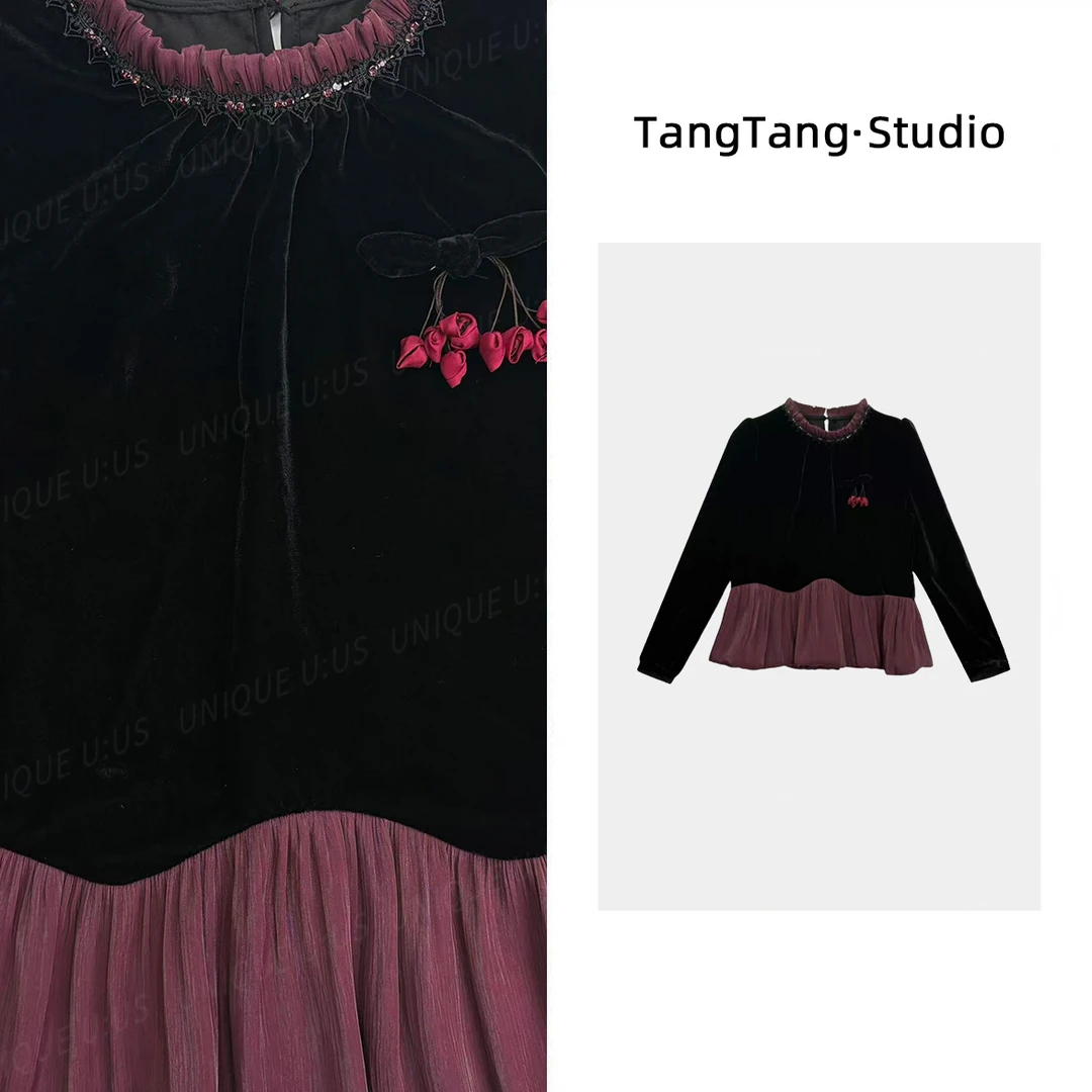 【TangTang·Studio】红蔷薇丝绒高级气质显瘦女装上衣-258802