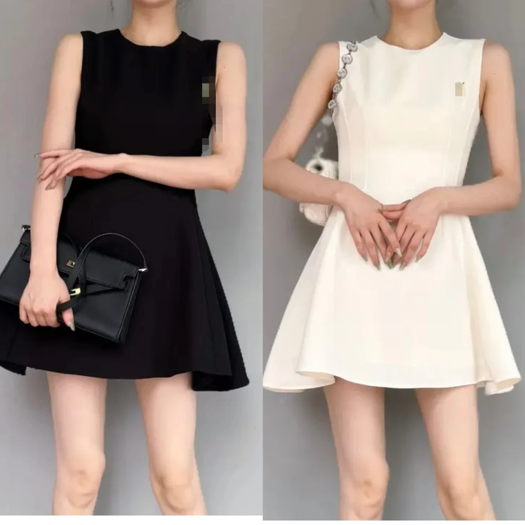 夏季法式无袖收腰显瘦黑色A字连衣裙气质简约