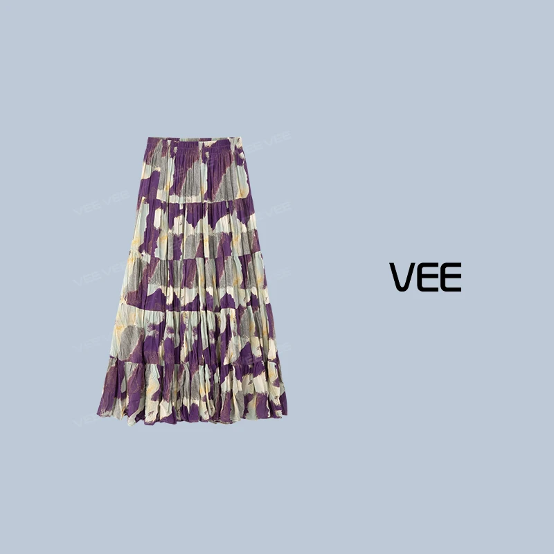 短视频VEE【紫藤】25新款时尚法式优雅几何图案撞色显瘦印花长裙