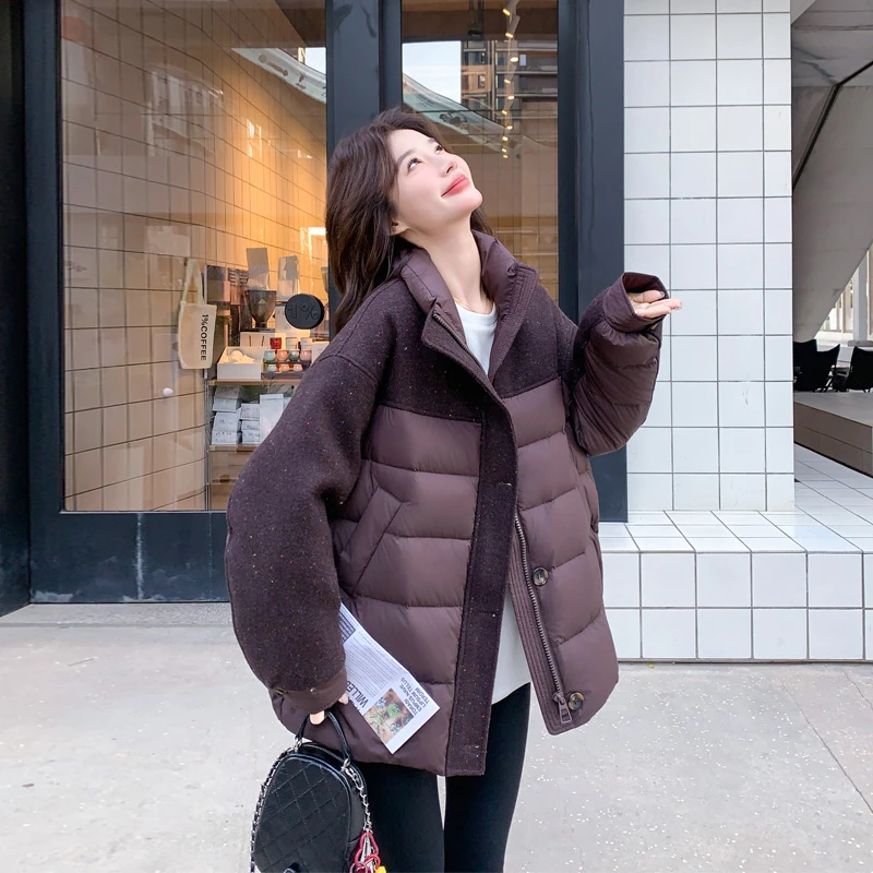 冬季休闲风毛呢拼接羽绒服2025新款小众ins风韩版保暖加厚面包服