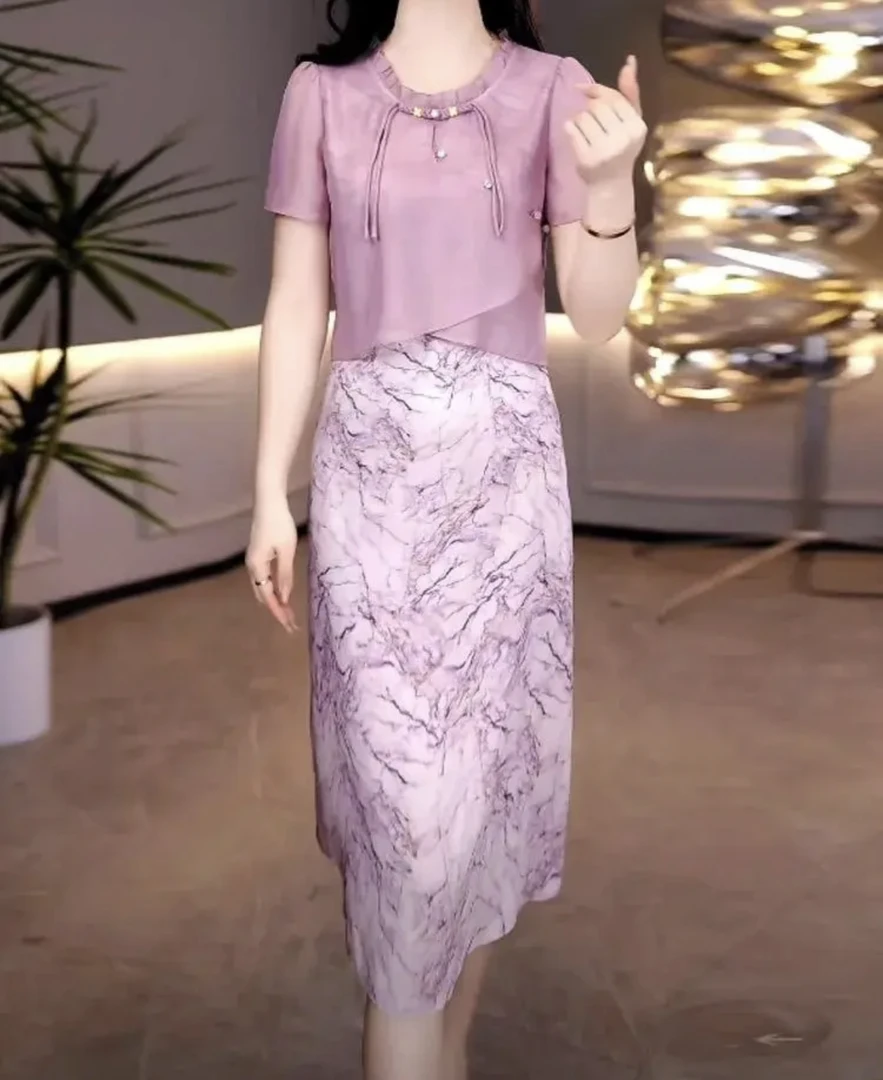 JQ187新款高端拼接印花2025高级设计感盘扣新中式短袖连衣裙夏