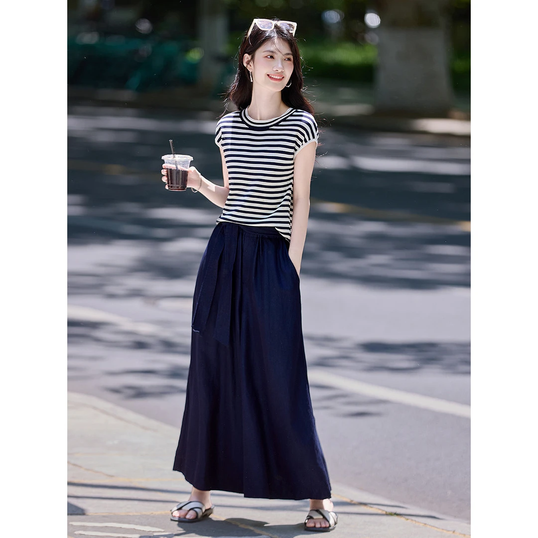 一整套穿搭休闲半裙套装女夏新款条纹短袖T恤半身裙两件套