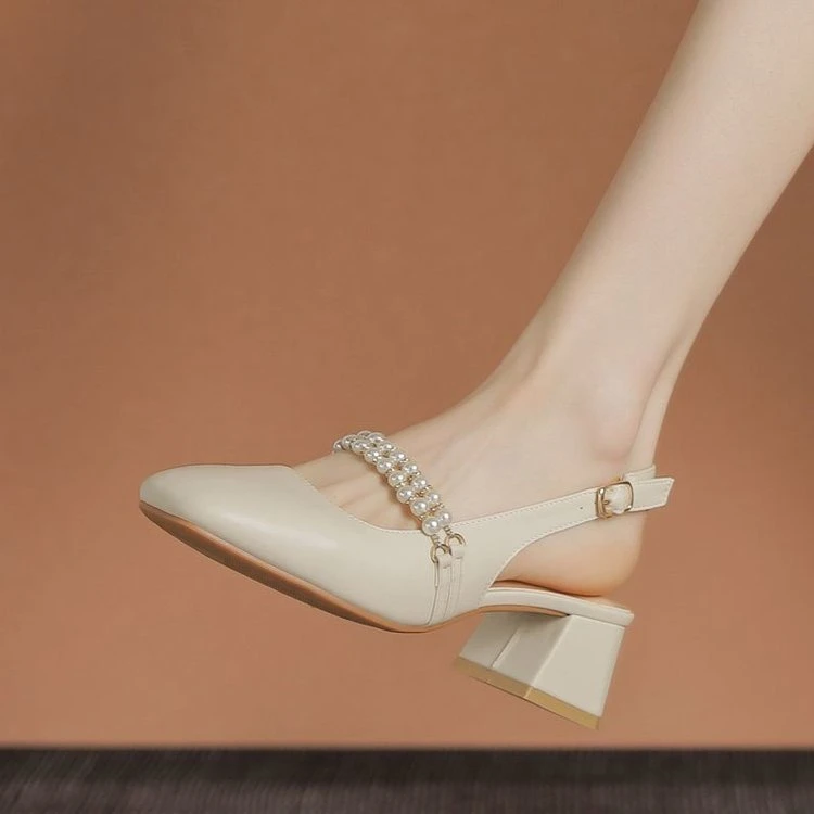 法式包头凉鞋女款2025新款夏季外穿中跟粗跟配裙子罗马珍珠高跟鞋