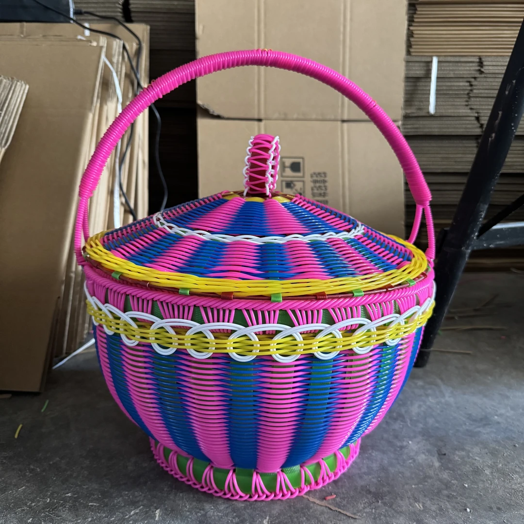 手工编织塑料箩筐水果篮带盖便携收纳提篮野餐拜神篮子客厅