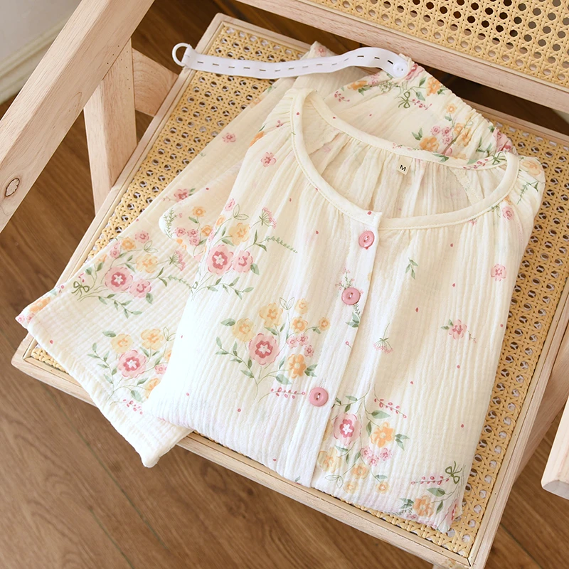 升级版带胸垫月子服夏季薄款纯棉纱布产妇哺乳睡衣孕妇家居套装