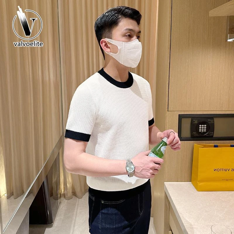 VALVOELITE复古时尚拼色修身上衣男夏季纹理镂空透气针织短袖体恤