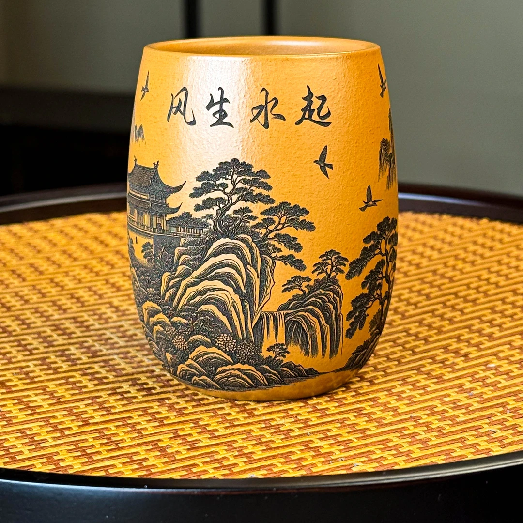 宜兴全手工紫砂茶具 原矿黄金朱泥刻绘风生水起紫砂主人杯品茗杯