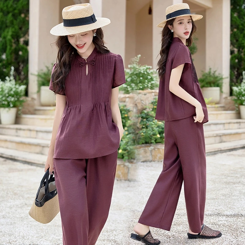 新中式国风套装女2025年夏季新款高级感气质盘扣洋气阔腿裤两件套