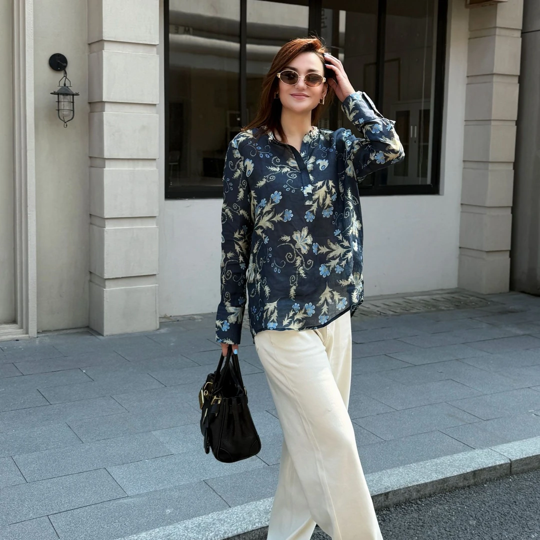 MUBINE 春夏季新款复古宽松印花重手工苎麻V领衬衣 2549