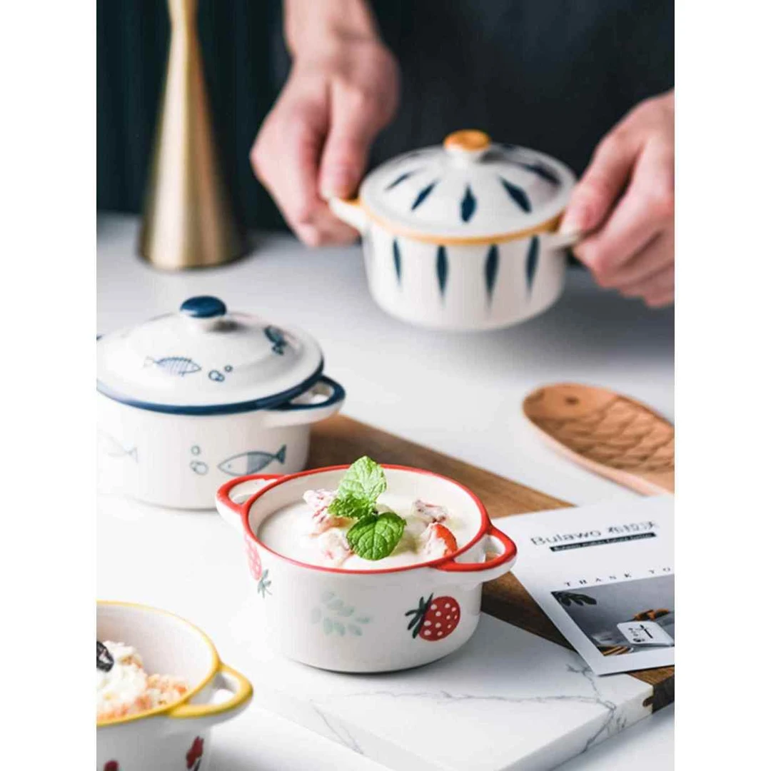 宝宝蒸蛋碗带盖陶瓷双耳碗婴儿辅食蒸碗家用蒸水蛋专用蒸鸡蛋羹碗